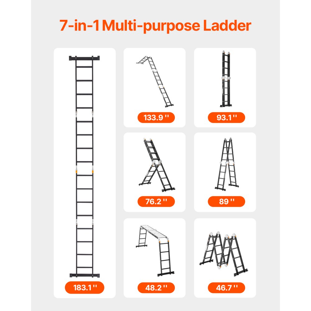 VEVOR Multi-Purpose Folding Ladder, 7-in-1 Tall Extension Step Ladder, A Frame 4 Step with Scaffolding Plank Telescoping Ladder, 15.5ft Reach Height Heavy Duty , 330 lbs Capacity for Home Outdoor