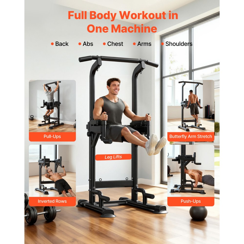 VEVOR optrekstang, optrekstation, power tower, dipstation met een draagvermogen van 150 kg, vrijstaand met H-frame constructie en rugvulling, 12-voudig in hoogte verstelbaar, training van armen, rug en borst