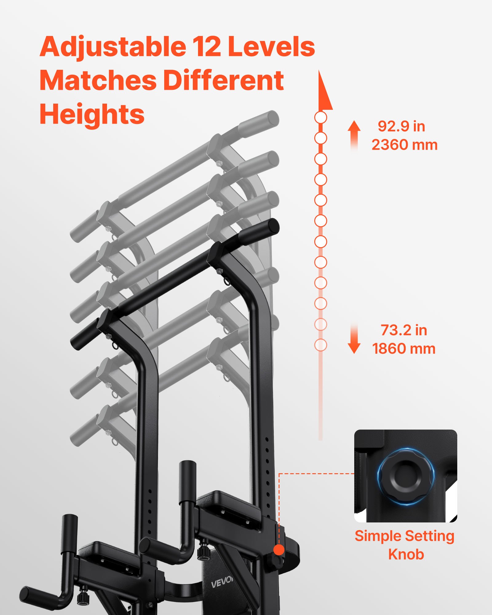 VEVOR optrekstang, optrekstation, power tower, dipstation met een draagvermogen van 150 kg, vrijstaand met H-frame constructie en rugvulling, 12-voudig in hoogte verstelbaar, training van armen, rug en borst
