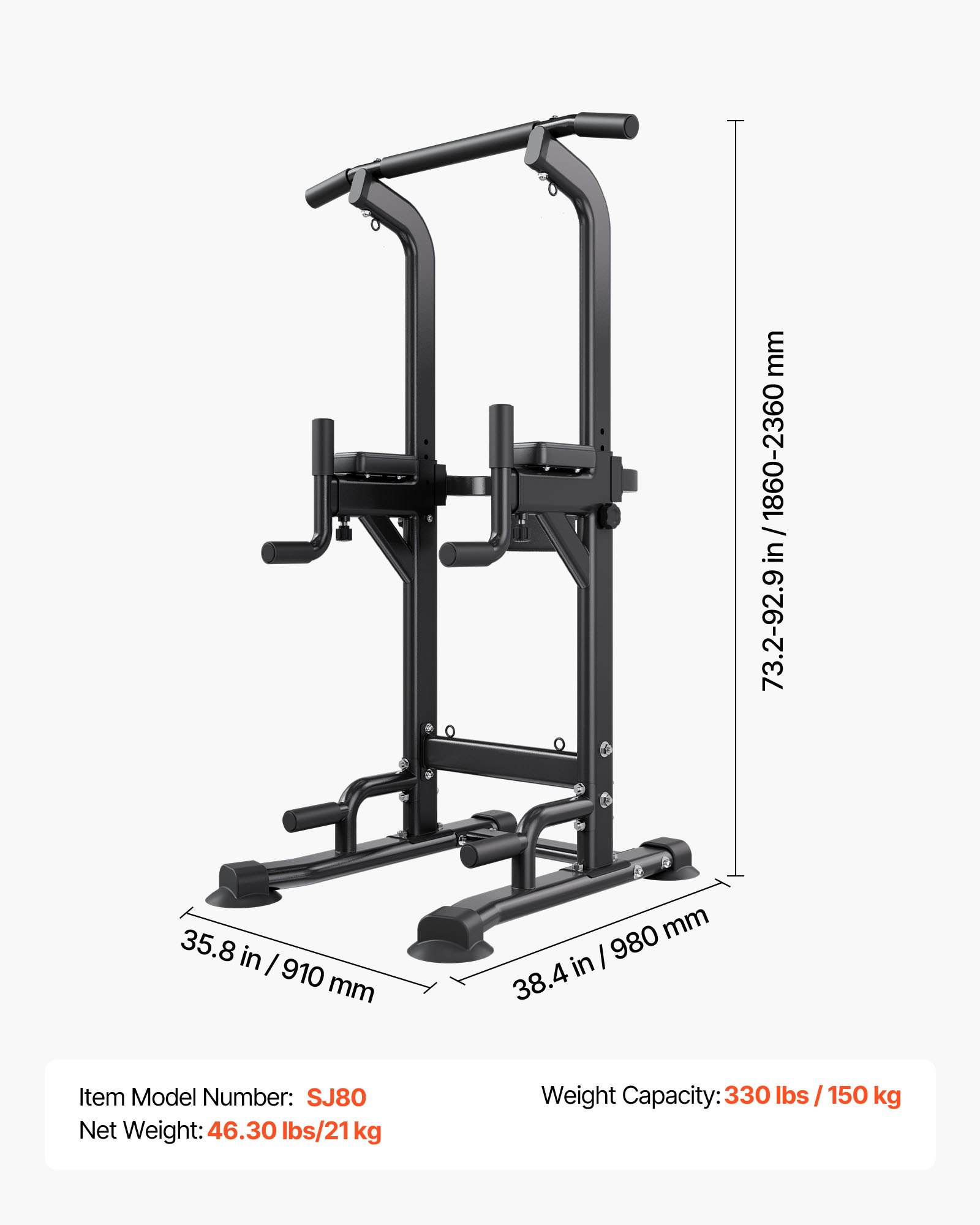 VEVOR optrekstang, optrekstation, power tower, dipstation met een draagvermogen van 150 kg, vrijstaand met H-frame constructie en rugvulling, 12-voudig in hoogte verstelbaar, training van armen, rug en borst