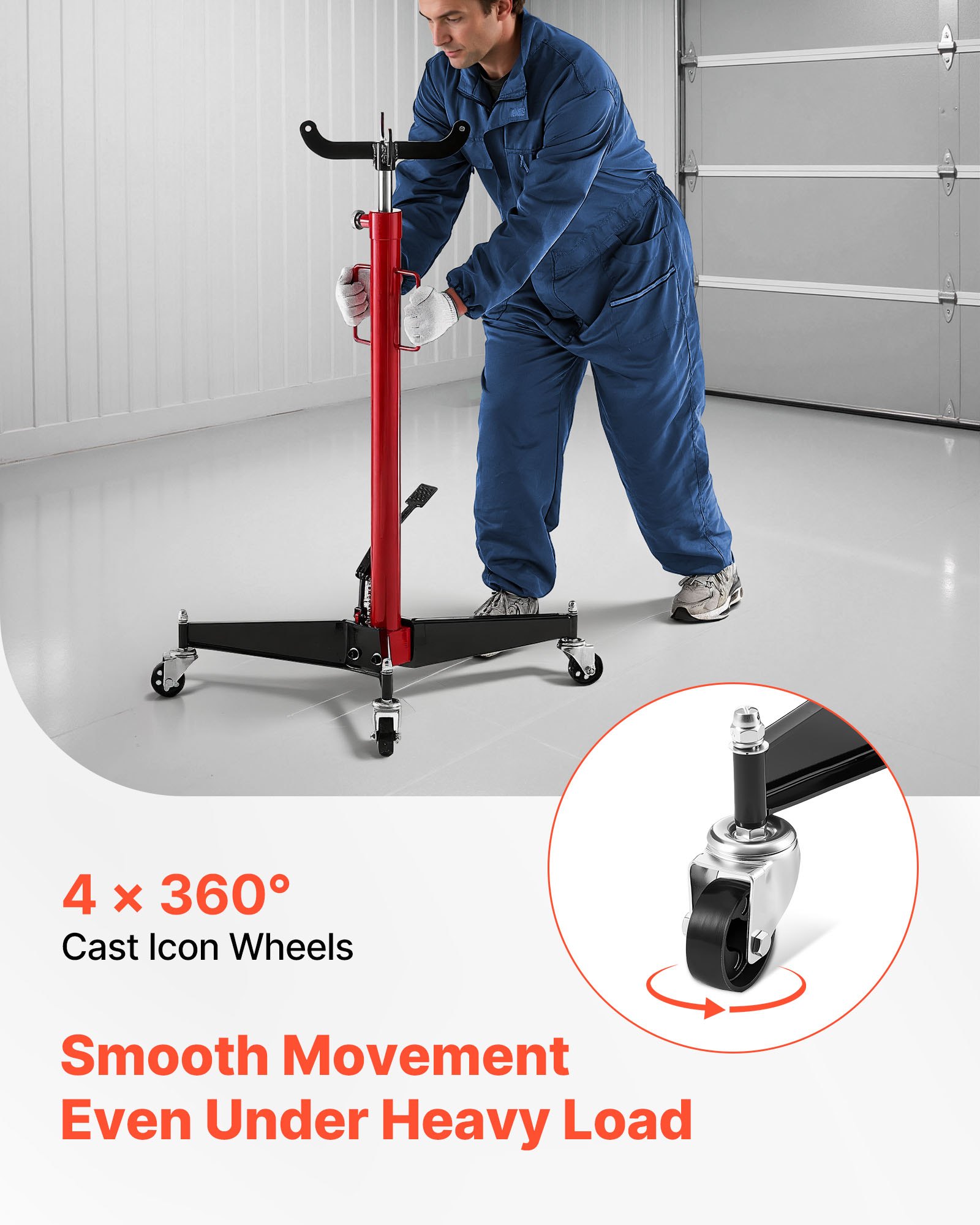 VEVOR Hydraulic Transmission Jack, 1100 lbs / 0.5 Ton Lifting Capacity Telescoping Transmission Jack with Foot Pedal, 360° Swivel Wheel, 44-73.6 in High Lifting Height, Lift Hoist for Garage/Shop