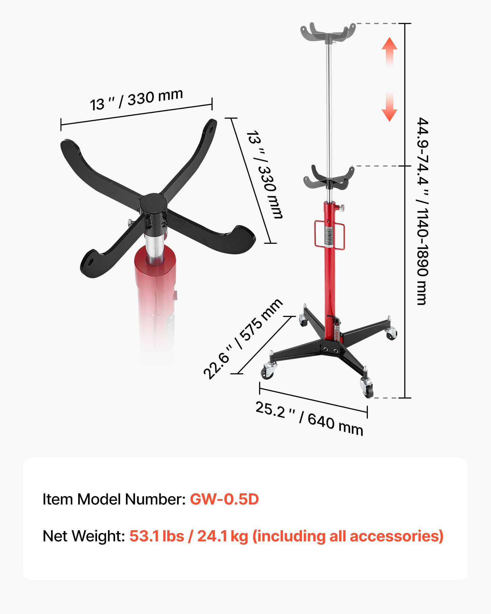 VEVOR Hydraulic Transmission Jack, 1100 lbs / 0.5 Ton Lifting Capacity Telescoping Transmission Jack with Foot Pedal, 360° Swivel Wheel, 44-73.6 in High Lifting Height, Lift Hoist for Garage/Shop