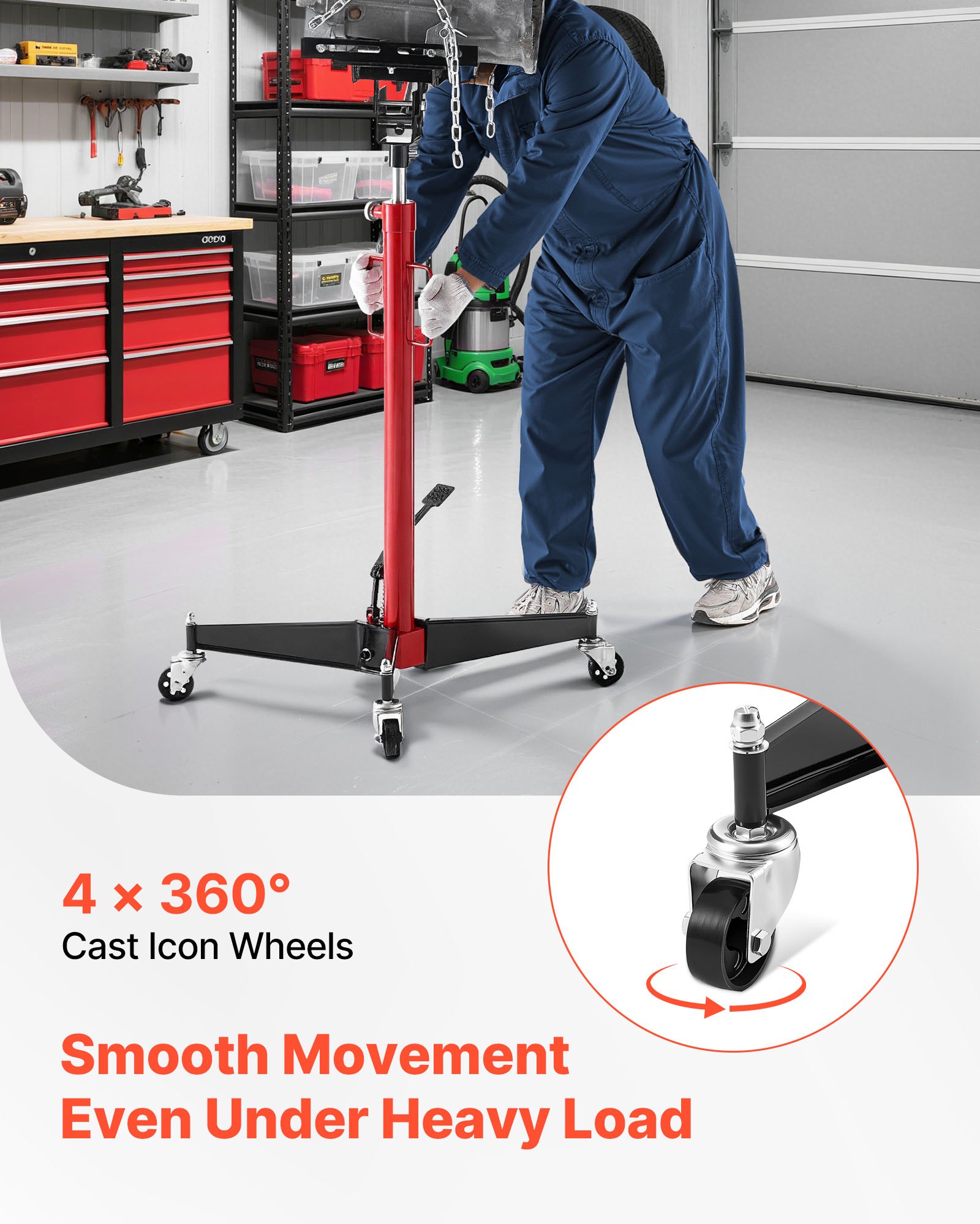 VEVOR Hydraulische krik met 500 kg hefvermogen, telescopische krik met pedaal, 360° zwenkwiel, hefhoogte 127-202 cm, takel voor garage/werkplaats Rood + Zwart