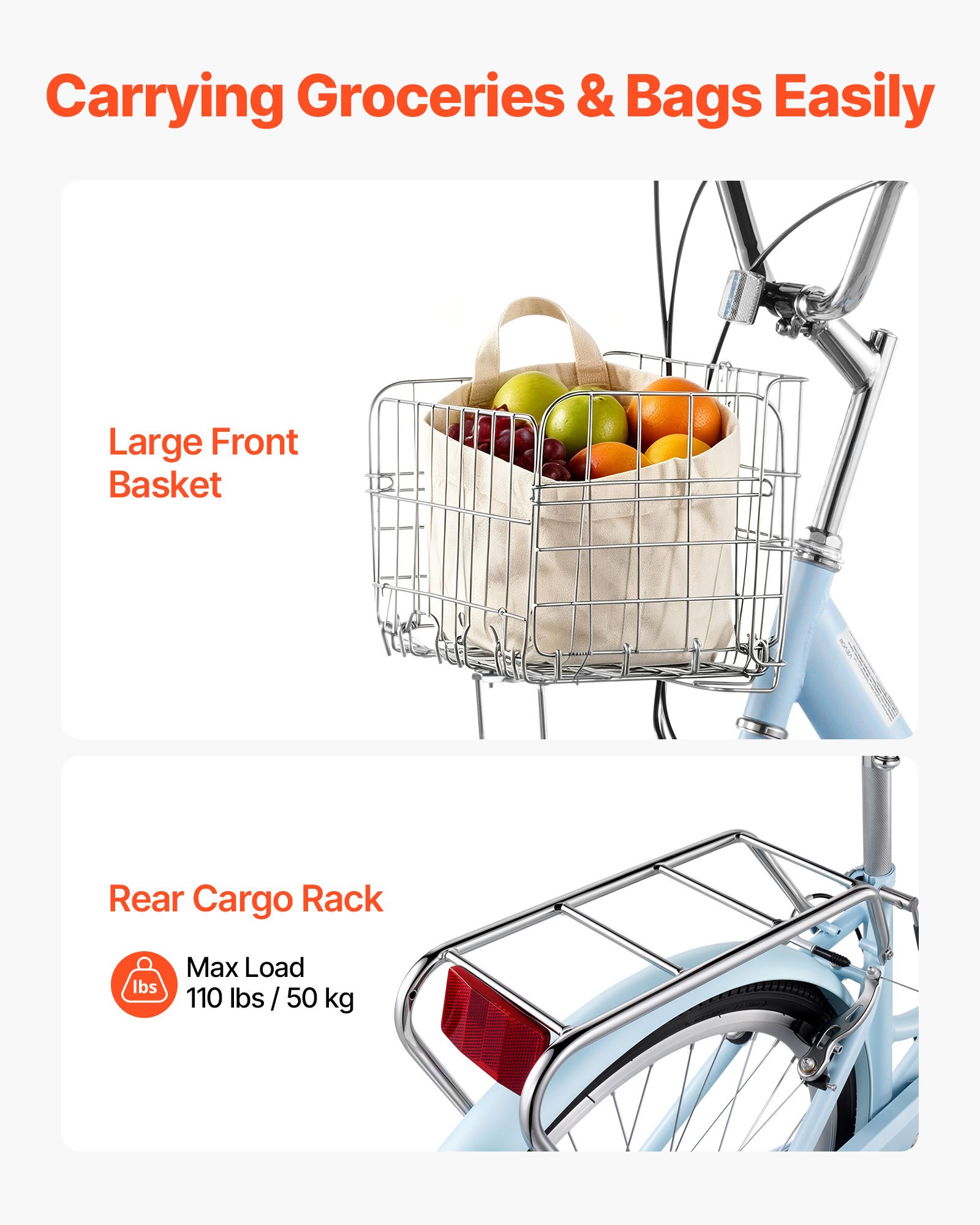VEVOR Damesfiets 26 inch 7-versnellings Cruiser Stadsfiets Lichtblauw Opvouwbaar, voor Stad, Strand, Winkelen en Reizen, met Lage Instap, Opvouwbaar Voormandje, Bagagedrager tot 50 kg en Dubbele V-remmen