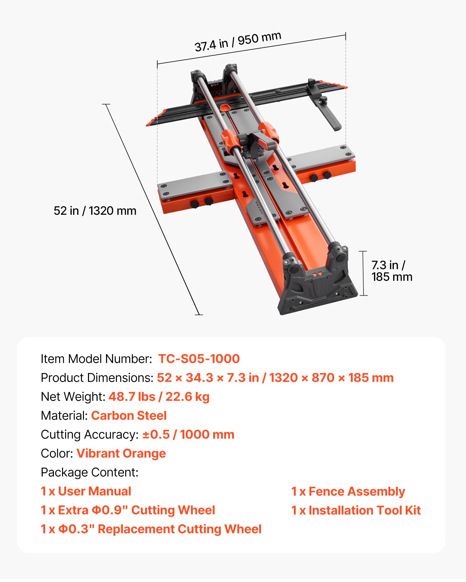 VEVOR Tegelsnijder 1000 mm, Tegelsnijmachine met verschuifbare snijkop en veerbelaste voet, hoekaanslag, wolfraamcarbide snijschijf, uitlijnhulp, voor keramische tegels