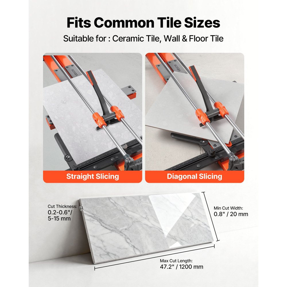 VEVOR Tegelsnijder 1200 mm, Tegelsnijmachine met verschuifbare snijkop en veerbelaste voet, hoekaanslag, wolfraamcarbide snijschijf, uitlijnhulp, voor keramische tegels