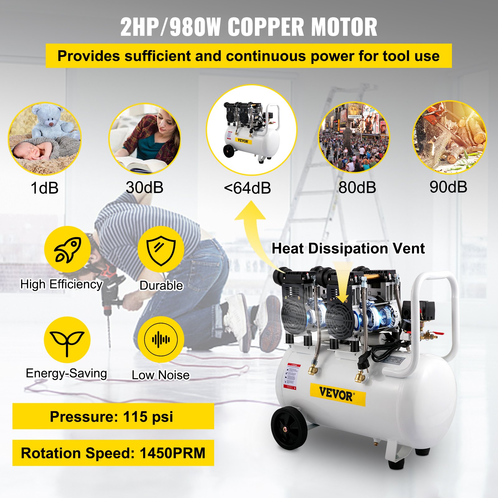 VEVOR Bijgewerkt 50L Stille Compressor luchtcompressor geluidsarme elektrische luchtcompressor 220V-240V olievrije compressor mute-luchtcompressor