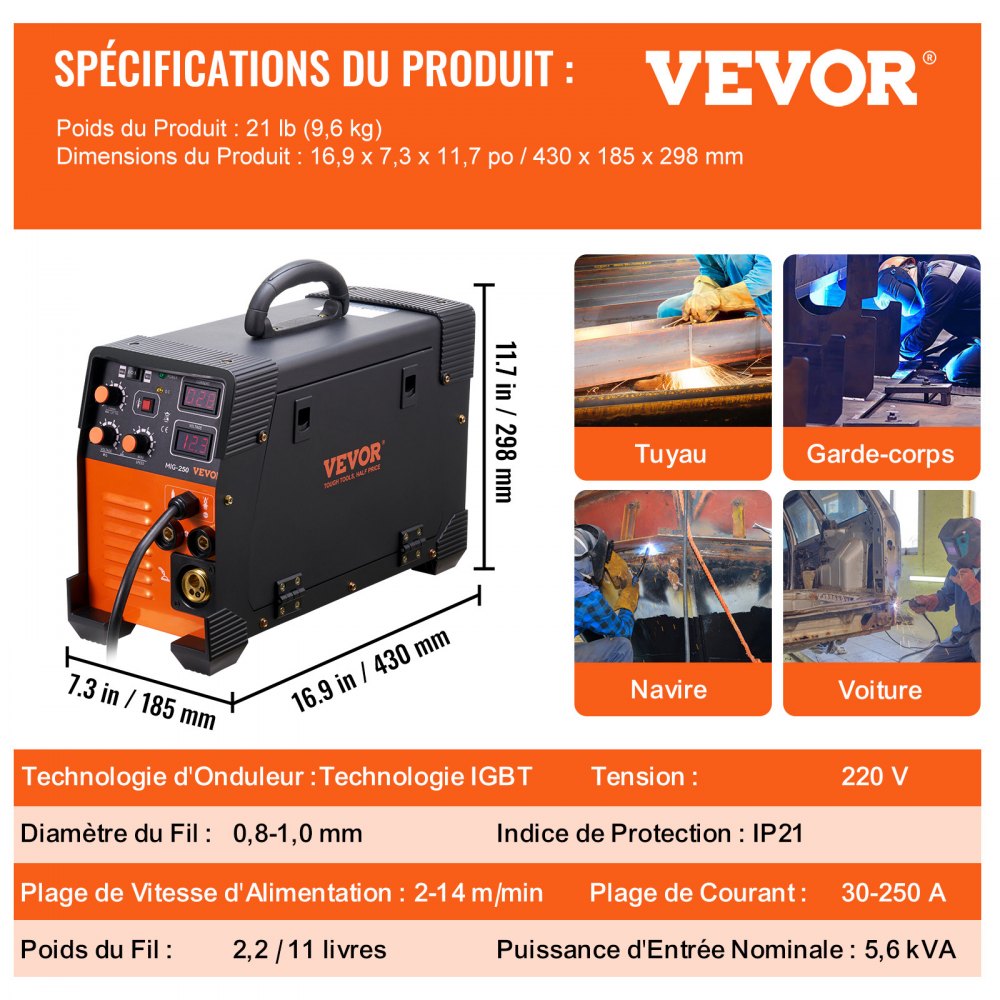 VEVOR MIG/MMA/TIG 3-in-1-lasser 50-250A lassen met fluxkern (0,8 mm en 1 mm) IGBT-technologie 2,2-12 m/min draadsnelheid 5,6 kVA nominaal ingangsvermogen IP21S-beschermingsklasse
