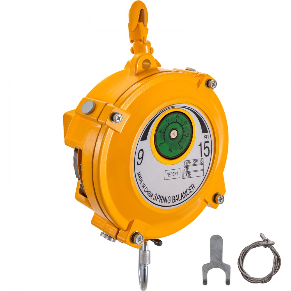 VEVOR spring balancer sw-15, yellow, with hook and accessories, 9-15 kg capacity.