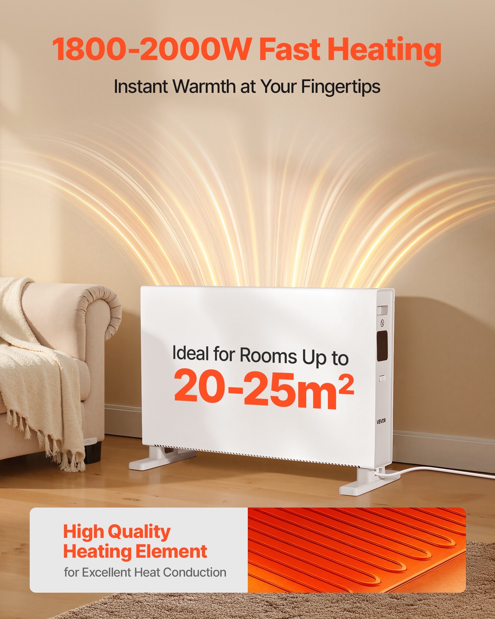 VEVOR Convection Panel Heater, 2000W Electric Panel Space Heater with Remote & Touch Control, 3 Modes, 24H Timer, Stand or Wall Mount Design with Anti-Tipping & Overheat Protection for Home and Office