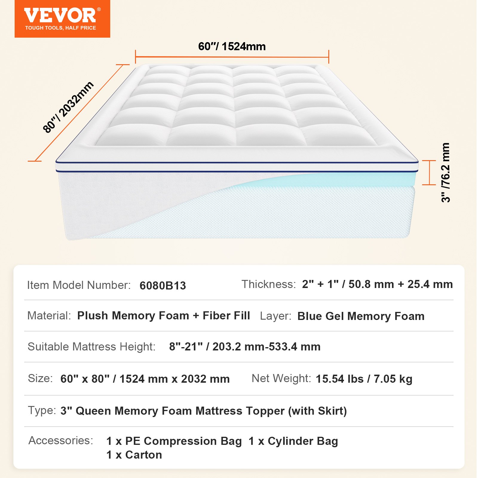 VEVOR Mattress Topper, Queen Size, 76.2 mm Thickness, Memory Foam, Fiber Fill, Detachable & Washable, Ergonomically Designed for Pressure Relief, Comfortable Cooling & Breathable, for Hot Sleepers