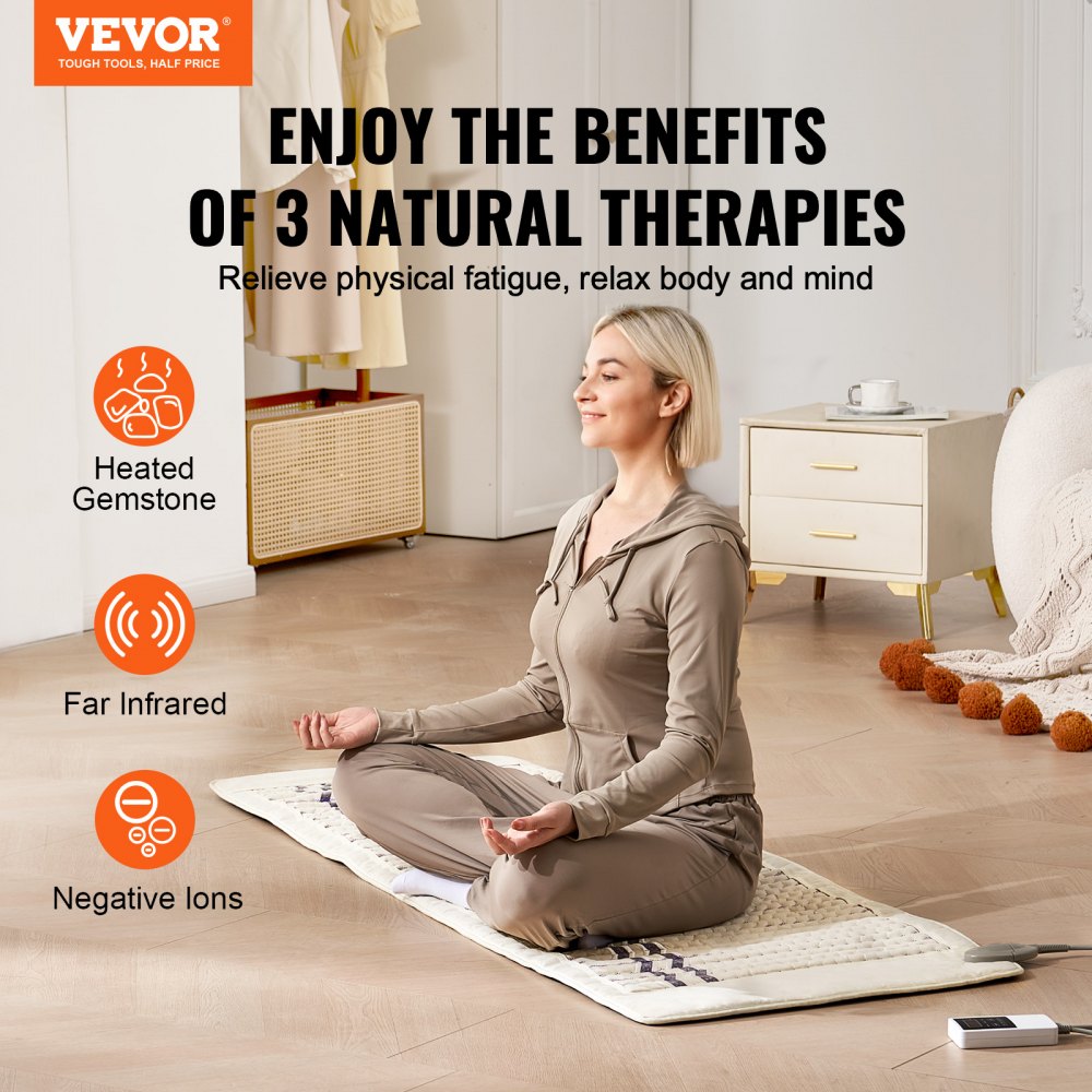 VEVOR Far Infrared Heating Pad, Amethyst Heating Mat with Negative Ions, 103-159℉ Hot Gemstones Therapy Mat with 0-720 Min Timer for Full Body Pain Relief (72 x 24-inch)