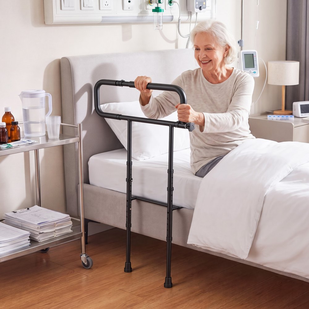 VEVOR bedhekje voor volwassenen, opvouwbaar sta-hulpmiddel met vloerondersteuning, 136 kg, bedhekje voor thuiszorg en ziekenhuizen, verstelbaar voor verschillende bedmaten, koolstofstaal, met veiligheidsriem