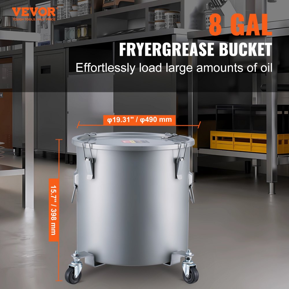 VEVOR frituurvetbak, 30 liter oliecontainer met rolbodem, koolstofstaal met roestwerende coating, olietransportcontainer met deksel, afsluitklemmen