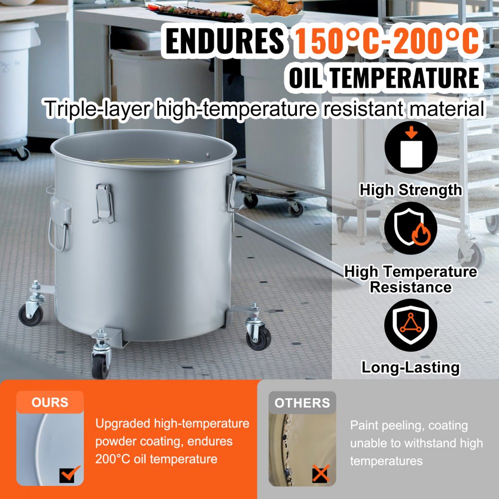VEVOR frituurvetbak, 30 liter oliecontainer met rolbodem, koolstofstaal met roestwerende coating, olietransportcontainer met deksel, afsluitklemmen