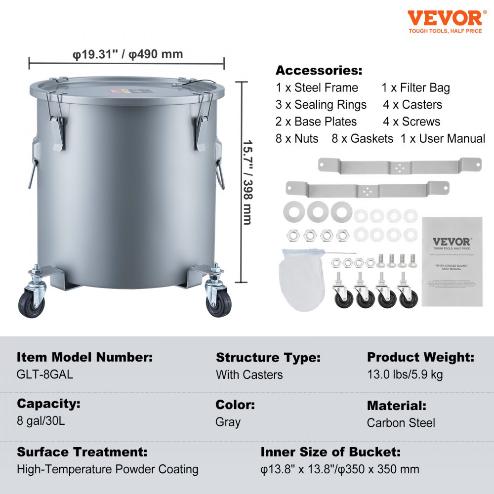 VEVOR frituurvetbak, 30 liter oliecontainer met rolbodem, koolstofstaal met roestwerende coating, olietransportcontainer met deksel, afsluitklemmen
