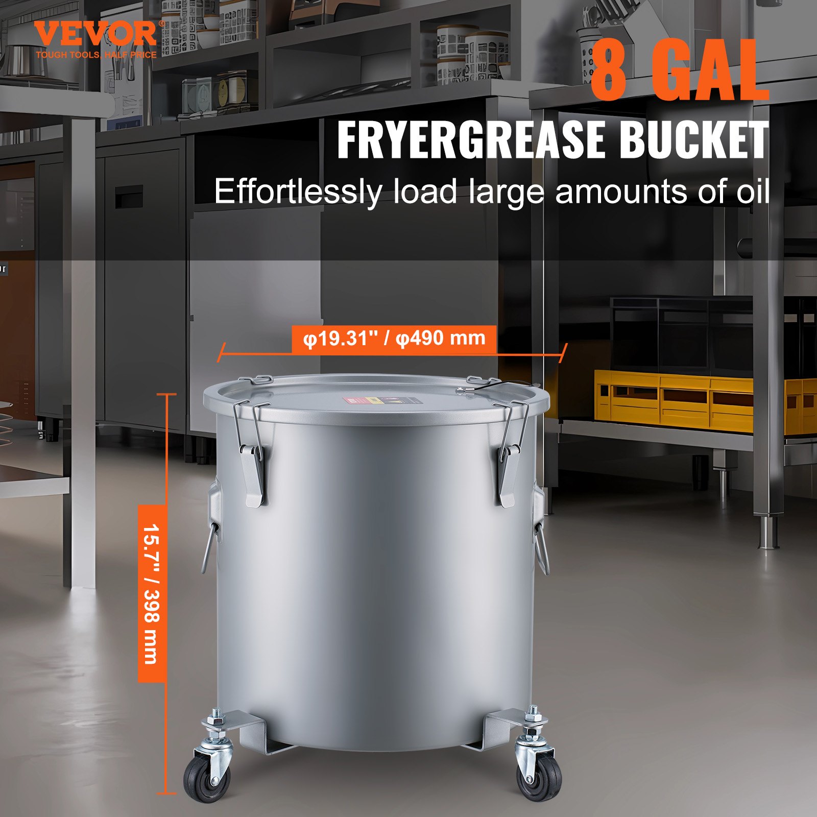 VEVOR frituurvetbak, 30 liter oliecontainer met rolbodem, koolstofstaal met roestwerende coating, olietransportcontainer met deksel, afsluitklemmen