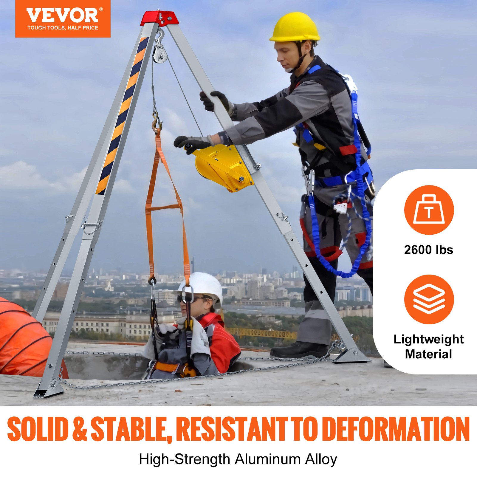 VEVOR Confined Space Tripod Kit 1179 kg Lier Confined Space Tripod met 2,45 m poten en 30 m kabel Confined Space Rescue Tripod met valbeveiligingsharnas Blower Confined Space Bag