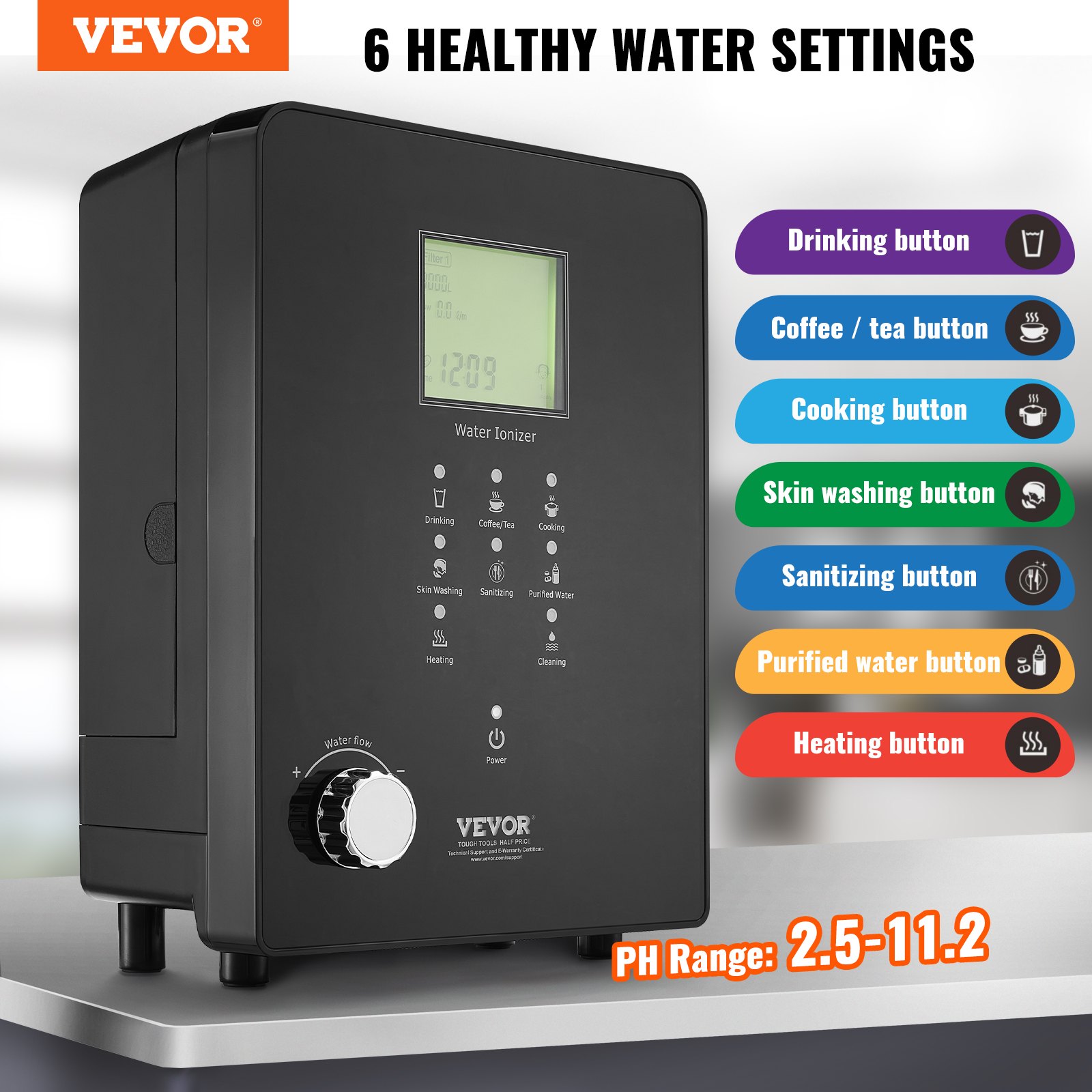 VEVOR Alkalisch Zuur Waterapparaat, 3-11,2 pH, 6 standen Alkalisch Waterfilter voor Thuisgebruik, +500-800 mV Waterionisator Waterfilterapparaat, 9000 L Waterfilter Zuiveringsapparaat Huishoudelijk Zwart