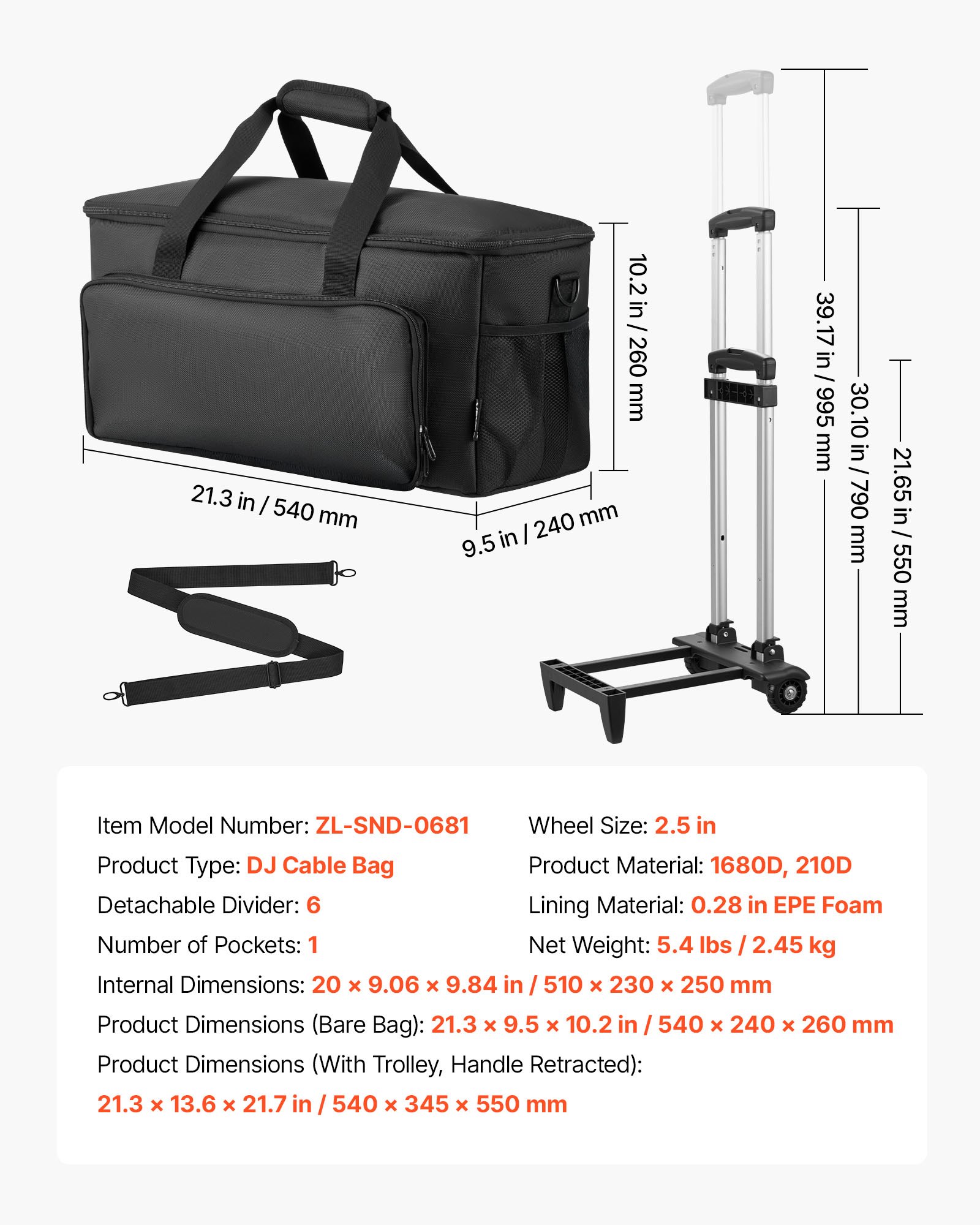 VEVOR DJ-kabeltas 540 x 240 x 260 mm, DJ-tas met 6 uitneembare tussenschotten, gewatteerde bodem, 3 buitenvakken, wielen en handvatten, 1680D, kabeltas voor DJ-apparatuur, muziekinstrumenten en accessoires