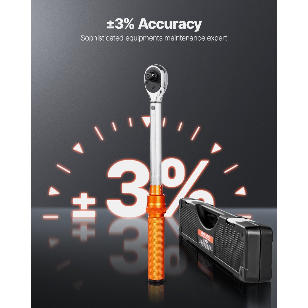 VEVOR Click momentsleutel, 3/8 inch aandrijving 5-60 Nm, tweeweg momentsleutel met doppen, verlengstuk en boor, 72 tanden ±3% hoge precisie gelegeerd staal voor autoreparatie