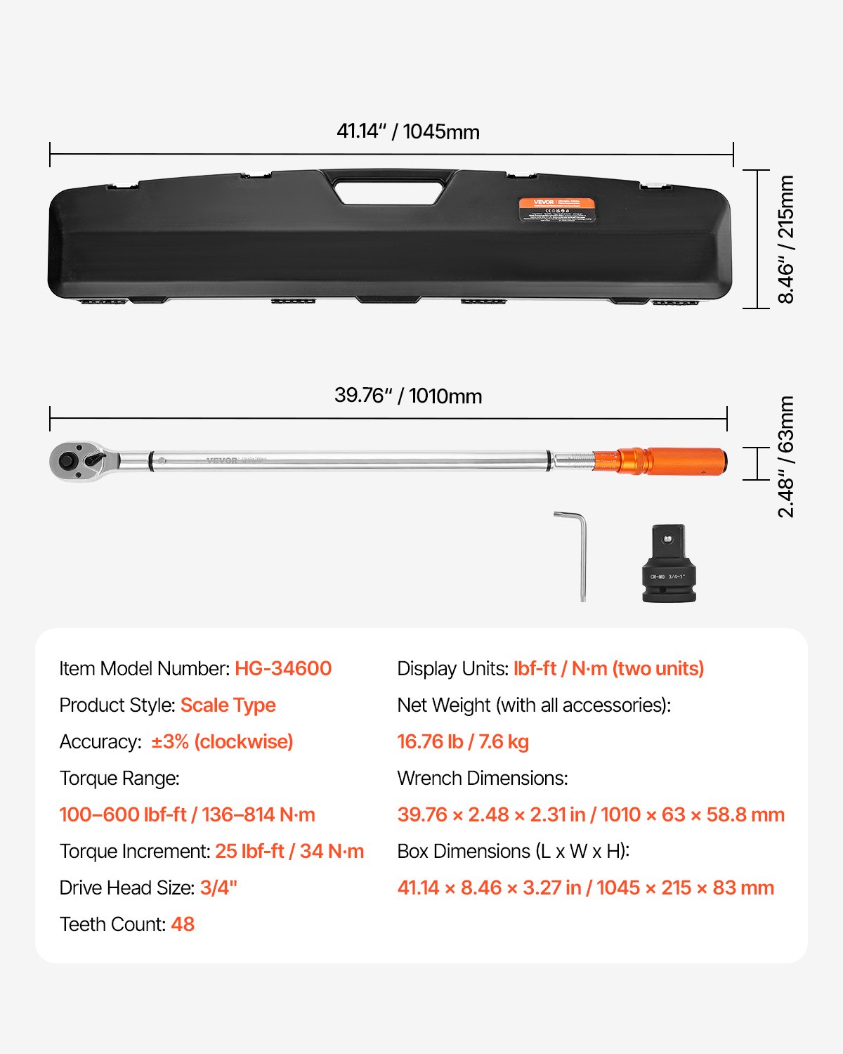 VEVOR Click Torque Wrench, 3/4 Inch Drive, 100-600 lbf-ft / 136-814N.m, Dual-direction Torque Wrench Set with Dual Range Scales, 48-tooth, ±3% High Precision, Alloy Steel, for Automobile Repair