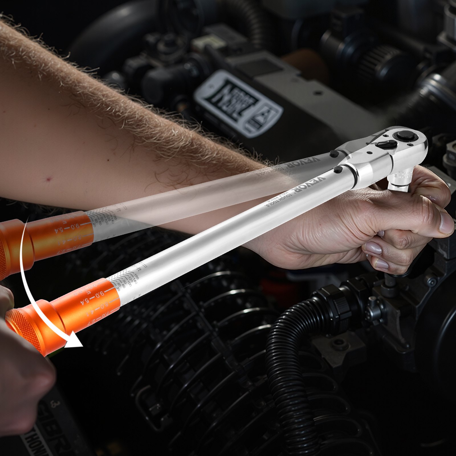 VEVOR Adjustable Click Torque Wrench, 1/2 Inch Drive, 20-160 lbf-ft/27.1-216.8 N.m, Dual-direction and Dual Range Scales, 72-Tooth, ±2% Precision, with Adapter Interchangeable Jaw and Ratchet Head