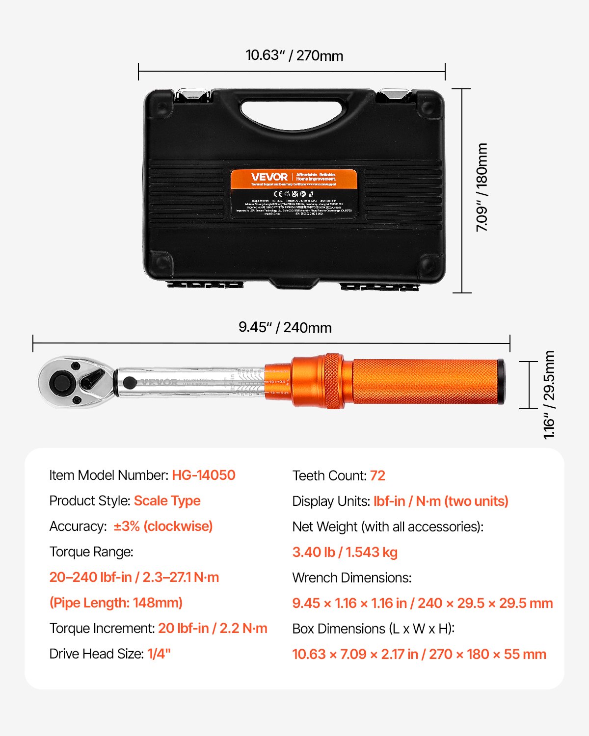 VEVOR Click Torque Wrench Set, 1/4Inch Drive, 20-240 lbf-in / 2.3-27.1N.m, Dual-direction and Dual Range Scales, 72-Tooth, ±3% High Precision, with Bits, Sockets, Adapters, Extension Bar, Orange