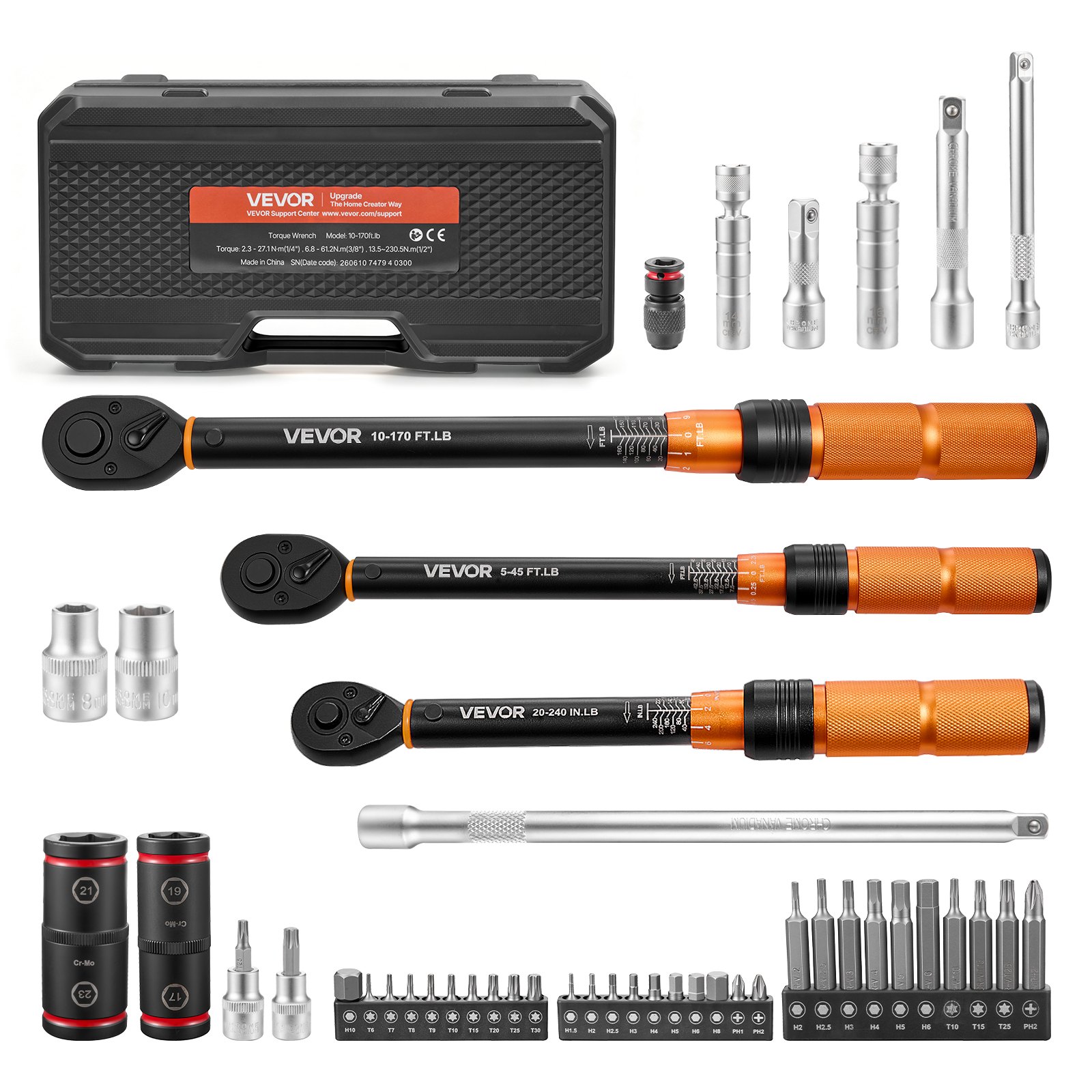 VEVOR Momentsleutelset 1/4", 3/8", 1/2" aandrijving, 47-delig, dubbele schaalverdeling, ±3% nauwkeurigheid, bougiedoppen, bits, verlengstukken, opbergkoffer voor autoreparaties
