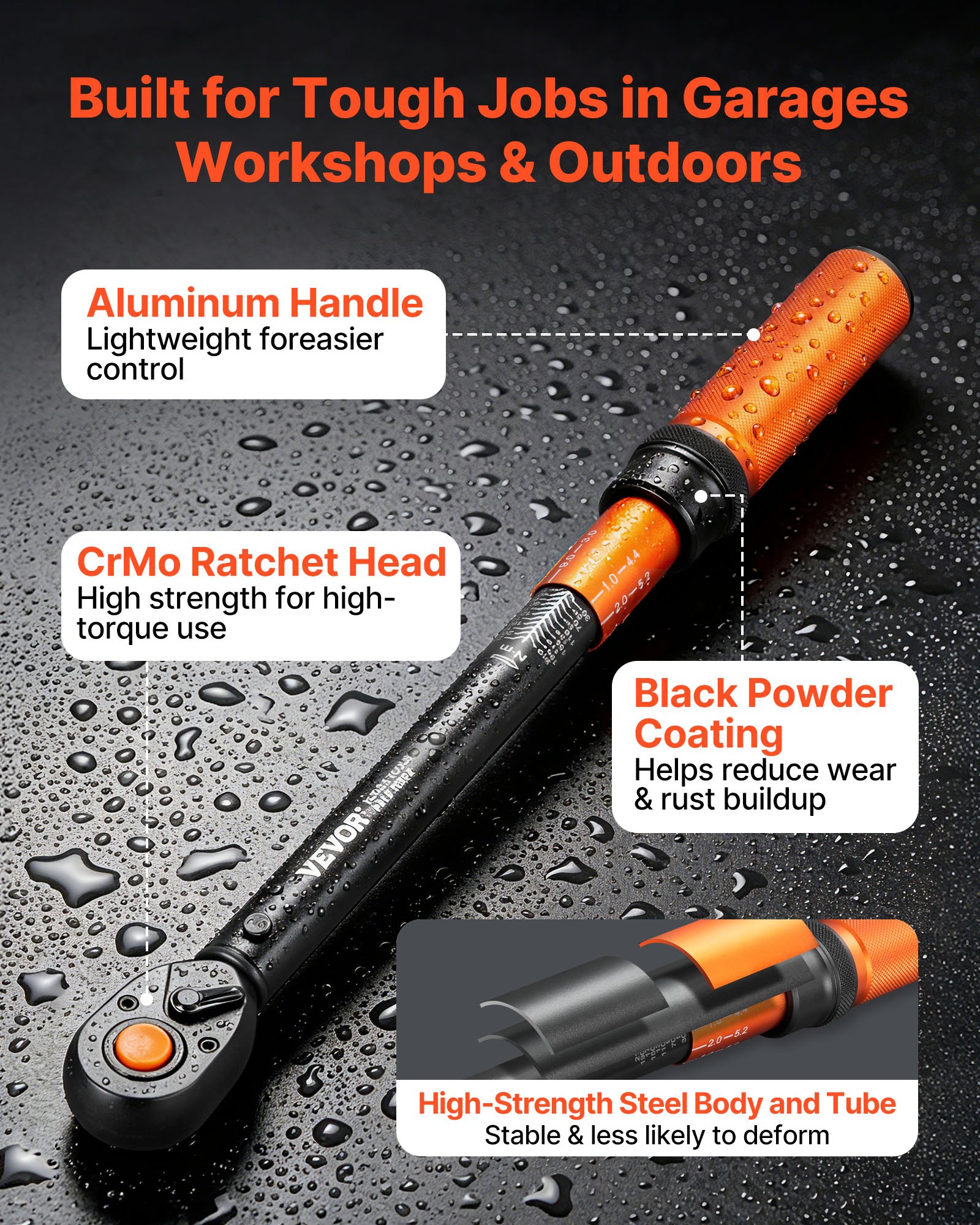 VEVOR momentsleutel, 20–220 Nm, 1/2-inch omkeerbare ratelsleutel, dubbele schaalverdeling, ±3% hoge precisie, met verlengstuk, adapter en opbergkoffer, voor autoreparaties