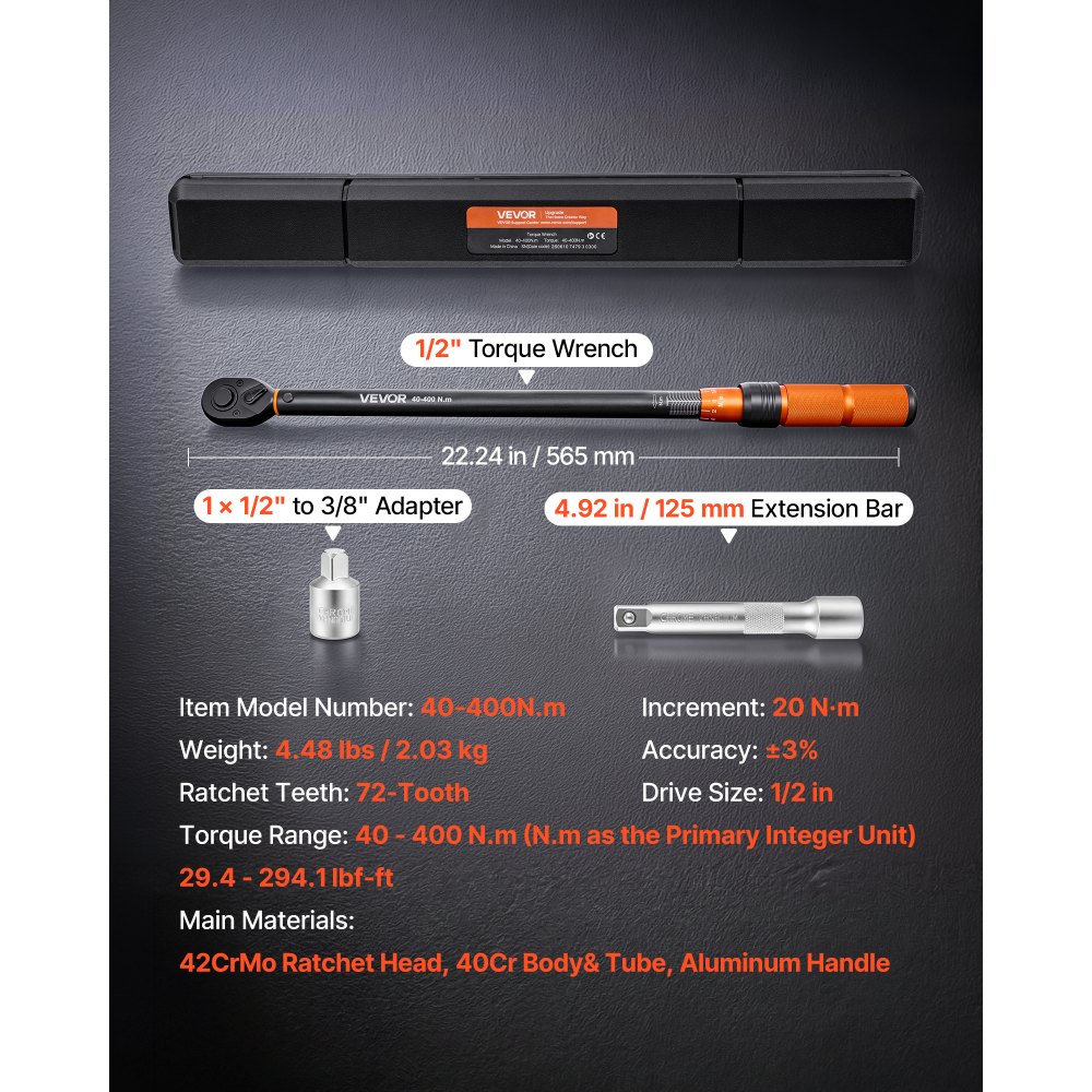 VEVOR momentsleutel 1/2-inch aandrijving 40–400 Nm ±3% nauwkeurigheid, dubbele schaalverdeling Cr-Mo ratelkop incl. verlengstukadapter & opbergkoffer voor autoreparaties