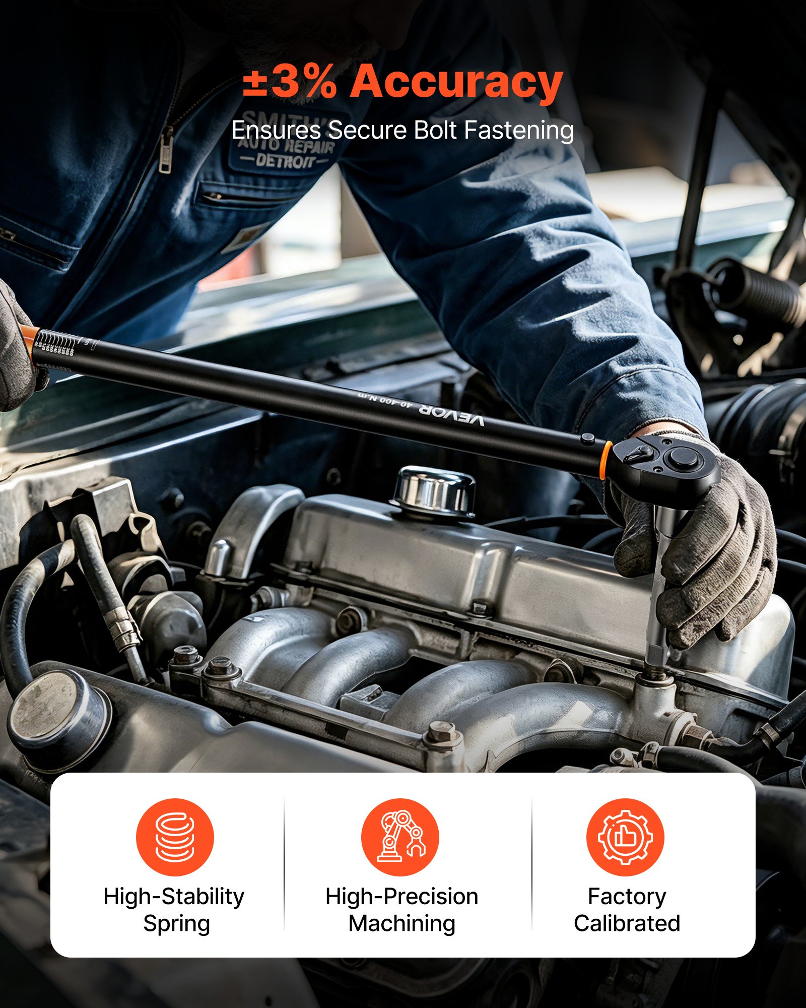 VEVOR momentsleutel 1/2-inch aandrijving 40–400 Nm ±3% nauwkeurigheid, dubbele schaalverdeling Cr-Mo ratelkop incl. verlengstukadapter & opbergkoffer voor autoreparaties