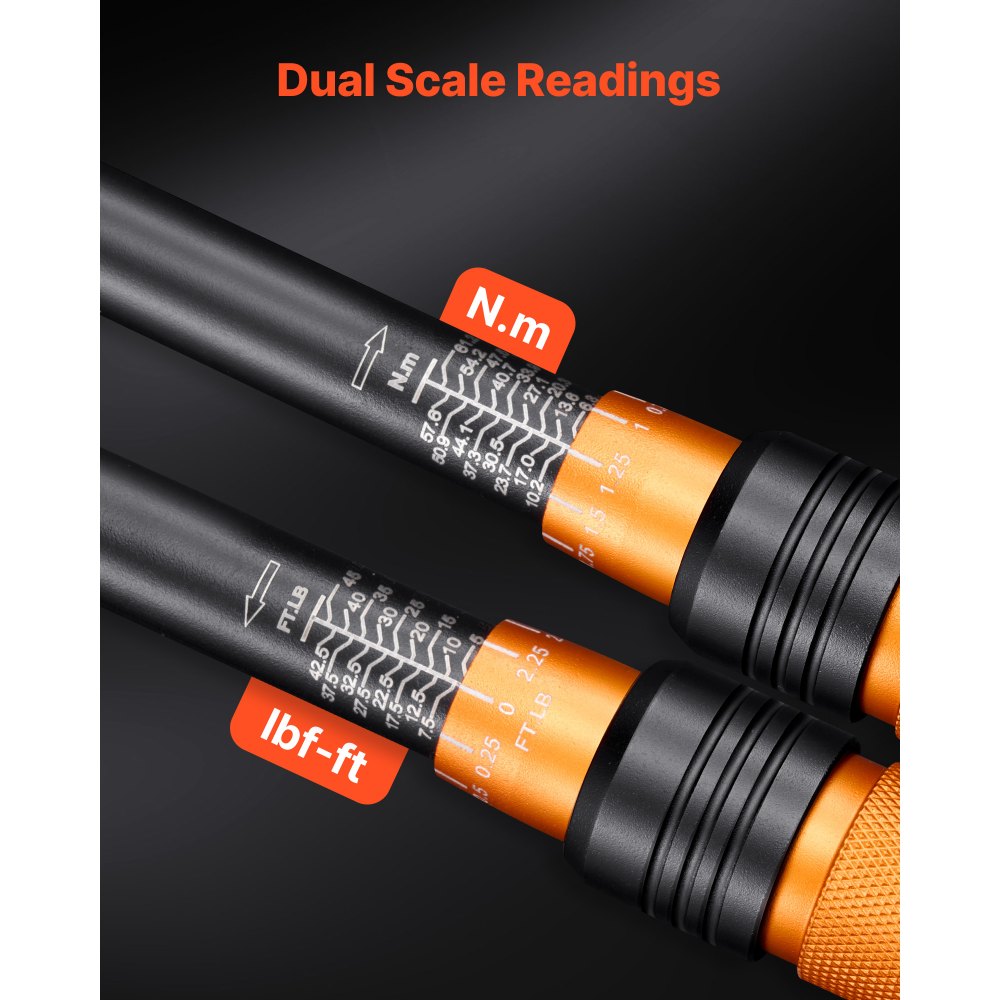 VEVOR momentsleutel met 3/8-inch aandrijving, 6,8-61,2 Nm ±3% nauwkeurigheid, met dubbele schaalverdeling, Cr-Mo ratelkop, inclusief bougiesleutel, bits, kruiskoppeling, verlengstuk en opbergkoffer.