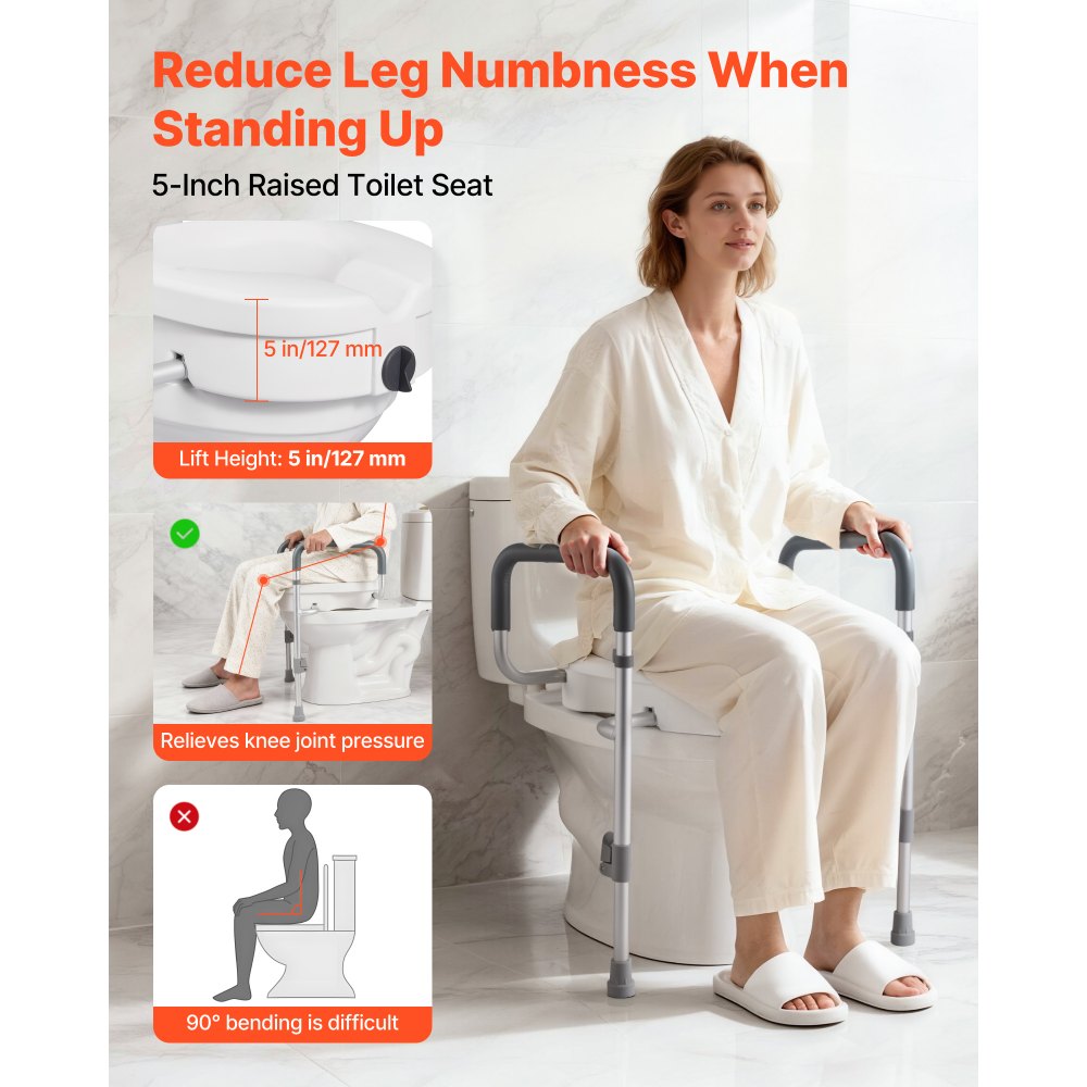 VEVOR toiletbrilverhoger met armleuningen, draagvermogen van 159 kg, hefhoogte van 127 mm en aluminium frame; verhoogde toiletbril voor ouderen, senioren en volwassenen met een beperking.