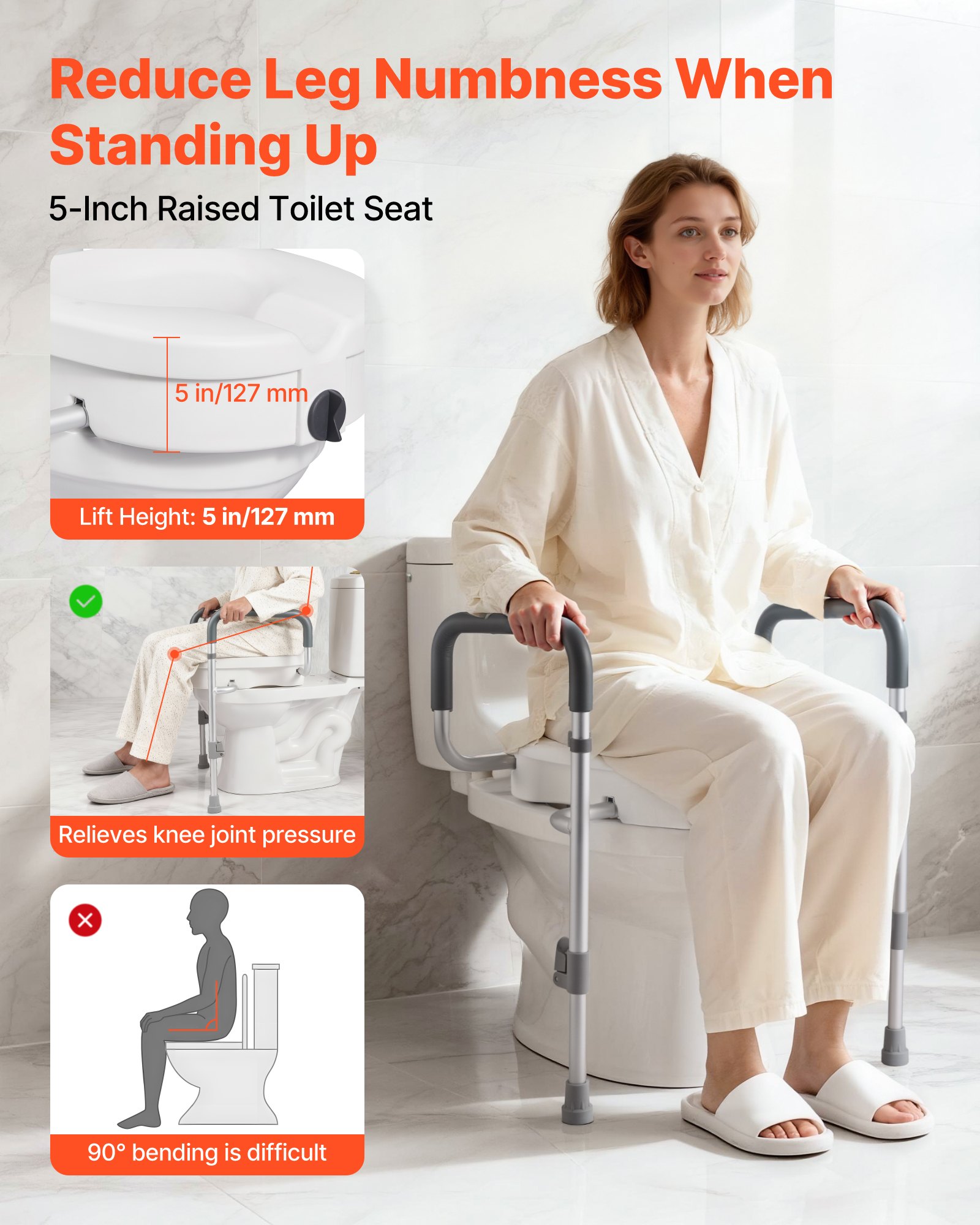 VEVOR toiletbrilverhoger met armleuningen, draagvermogen van 159 kg, hefhoogte van 127 mm en aluminium frame; verhoogde toiletbril voor ouderen, senioren en volwassenen met een beperking.