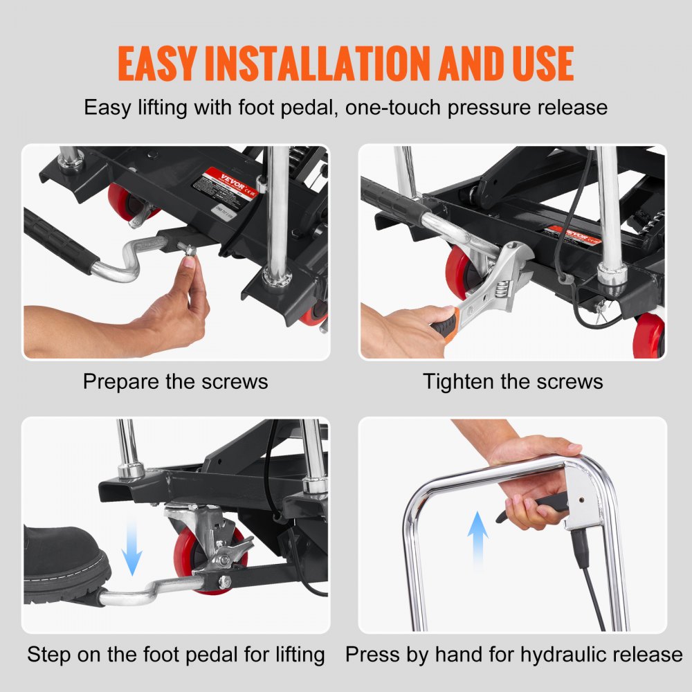 VEVOR hydraulische schaarheftafel 230 kg laadvermogen heftafelwagen 220-720 mm hefbereik heftafel werkplaats 700 x 450 mm platform schaarheftruck enkele schaar zwart fabrieken magazijnen