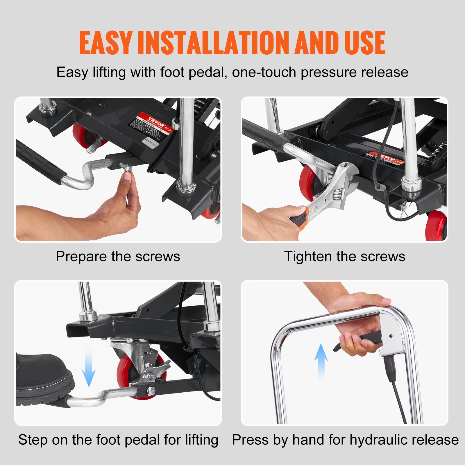 VEVOR hydraulische schaarheftafel 230 kg laadvermogen heftafelwagen 220-720 mm hefbereik heftafel werkplaats 700 x 450 mm platform schaarheftruck enkele schaar zwart fabrieken magazijnen