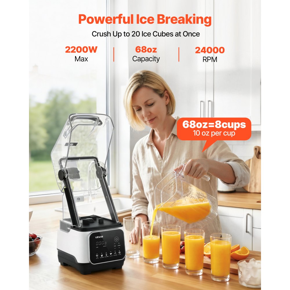 VEVOR 2L Staande Mixer Smoothie Blender met Beschermkap 2200W IJscrunchmaker met Zelfreinigende Functie Instelbare Snelheid 6 Voorgeprogrammeerde Programma's voor Smoothies, IJscrunch en Puree Wit