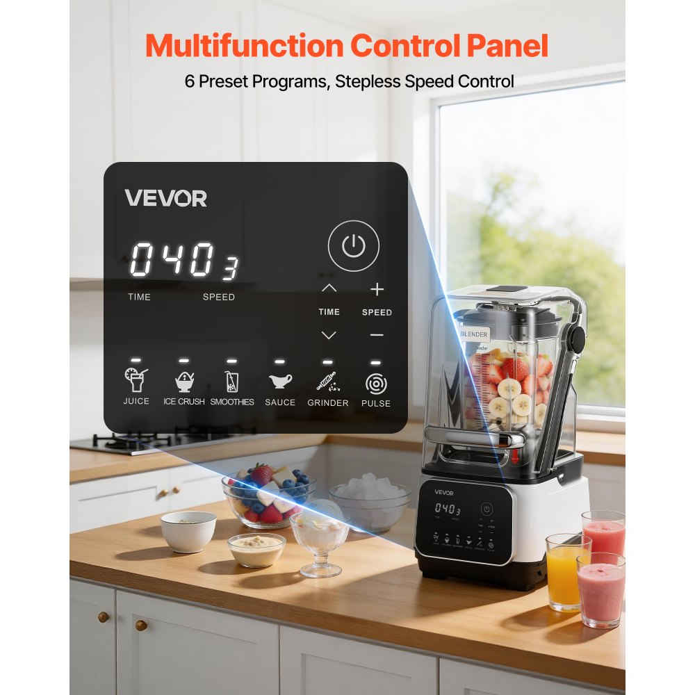 VEVOR 2L Staande Mixer Smoothie Blender met Beschermkap 2200W IJscrunchmaker met Zelfreinigende Functie Instelbare Snelheid 6 Voorgeprogrammeerde Programma's voor Smoothies, IJscrunch en Puree Wit