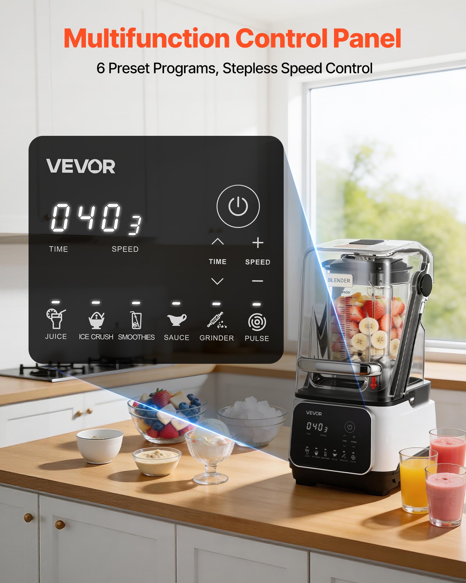 VEVOR 2L Staande Mixer Smoothie Blender met Beschermkap 2200W IJscrunchmaker met Zelfreinigende Functie Instelbare Snelheid 6 Voorgeprogrammeerde Programma's voor Smoothies, IJscrunch en Puree Wit