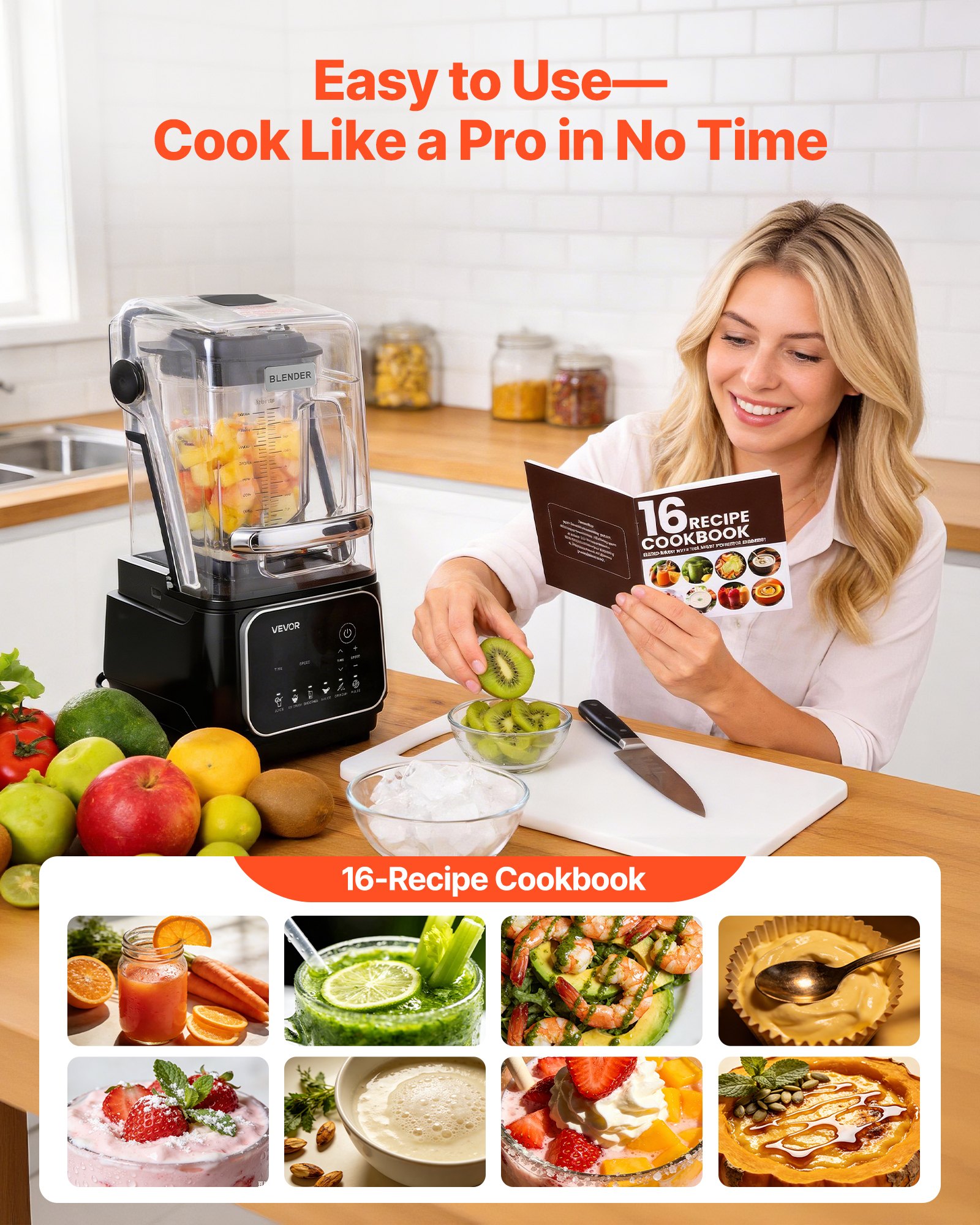 VEVOR 2L Staande Mixer, Smoothie Blender met Beschermkap, 2200W, IJscrusher met Zelfreinigende Functie, Instelbare Snelheid, 6 Voorgeprogrammeerde Programma's, Smoothies, IJscrusher, Puree, Zwart