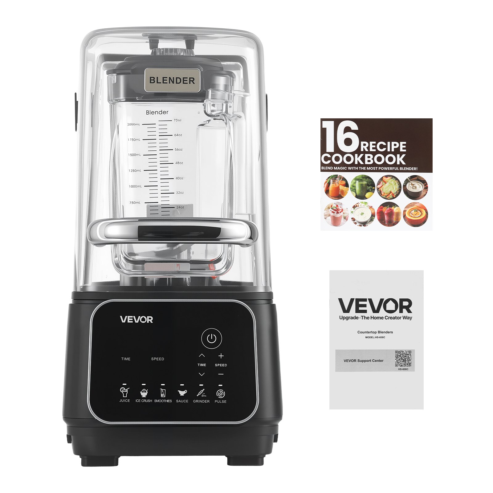 VEVOR 2L Staande Mixer, Smoothie Blender met Beschermkap, 2200W, IJscrusher met Zelfreinigende Functie, Instelbare Snelheid, 6 Voorgeprogrammeerde Programma's, Smoothies, IJscrusher, Puree, Zwart