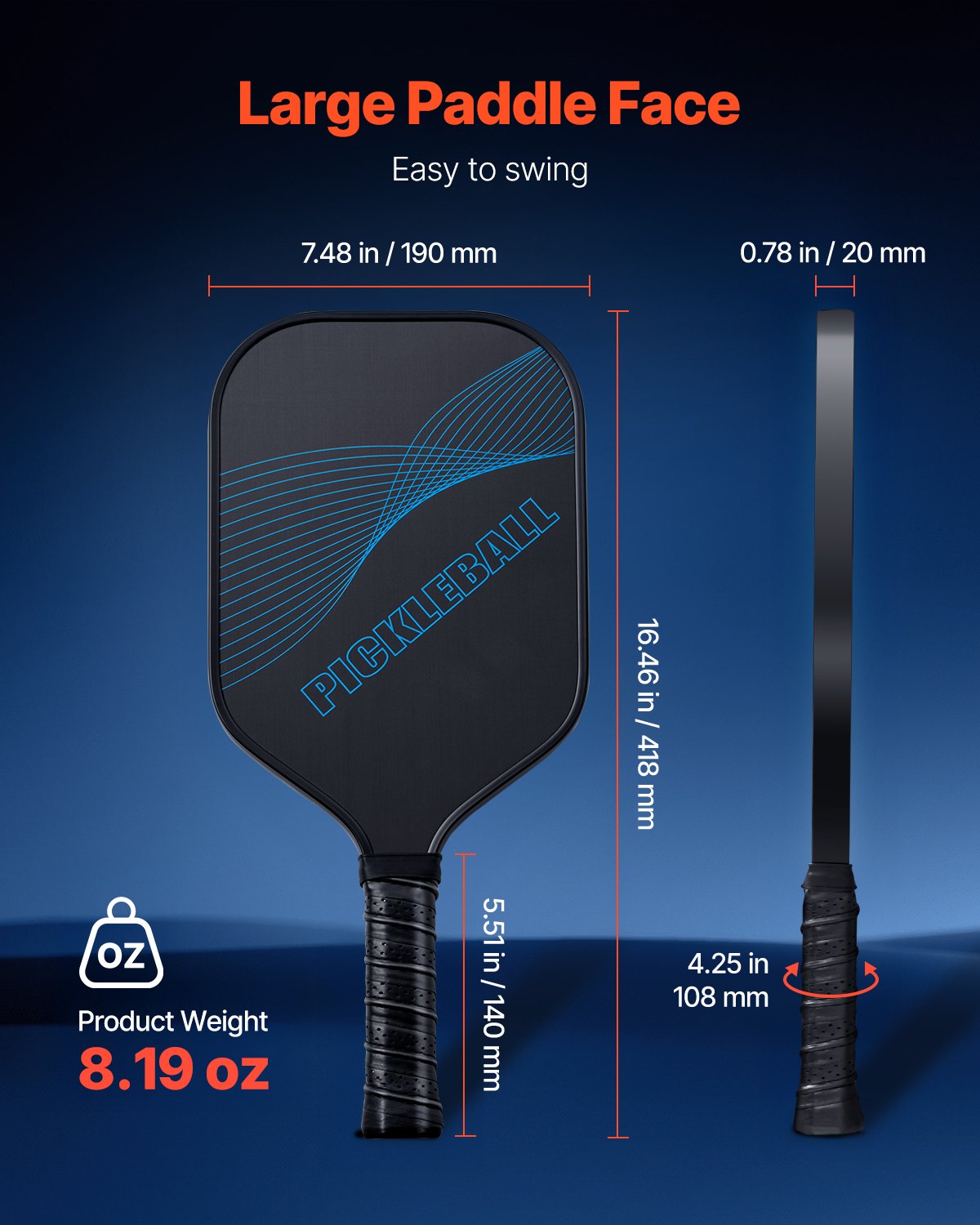 VEVOR Pickleball Paddle, T700 Carbon Fiber Surface & Honeycomb Core, Professional Pickleball Paddle with Increased Power & Control & Spin, Pro Pickle Ball Racket for Adults, Men & Women, Blue