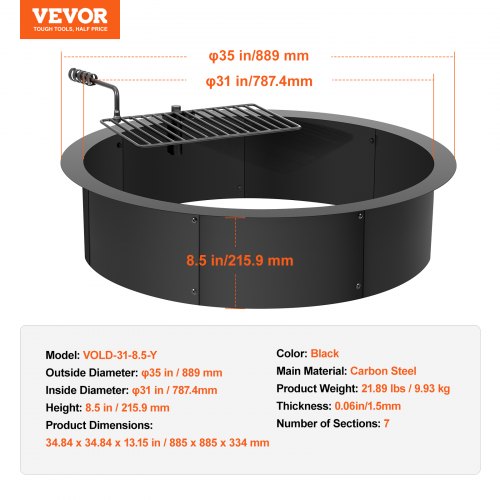 VEVOR Vuurkorfring, vuurplaats inzetstuk met barbecue-vuurring, 35 inch buiten/31 inch binnendiameter, 21,6 cm hoogte, koolstofstalen voering doe -het-zelf kampvuurring boven/in de grond, voor buiten
