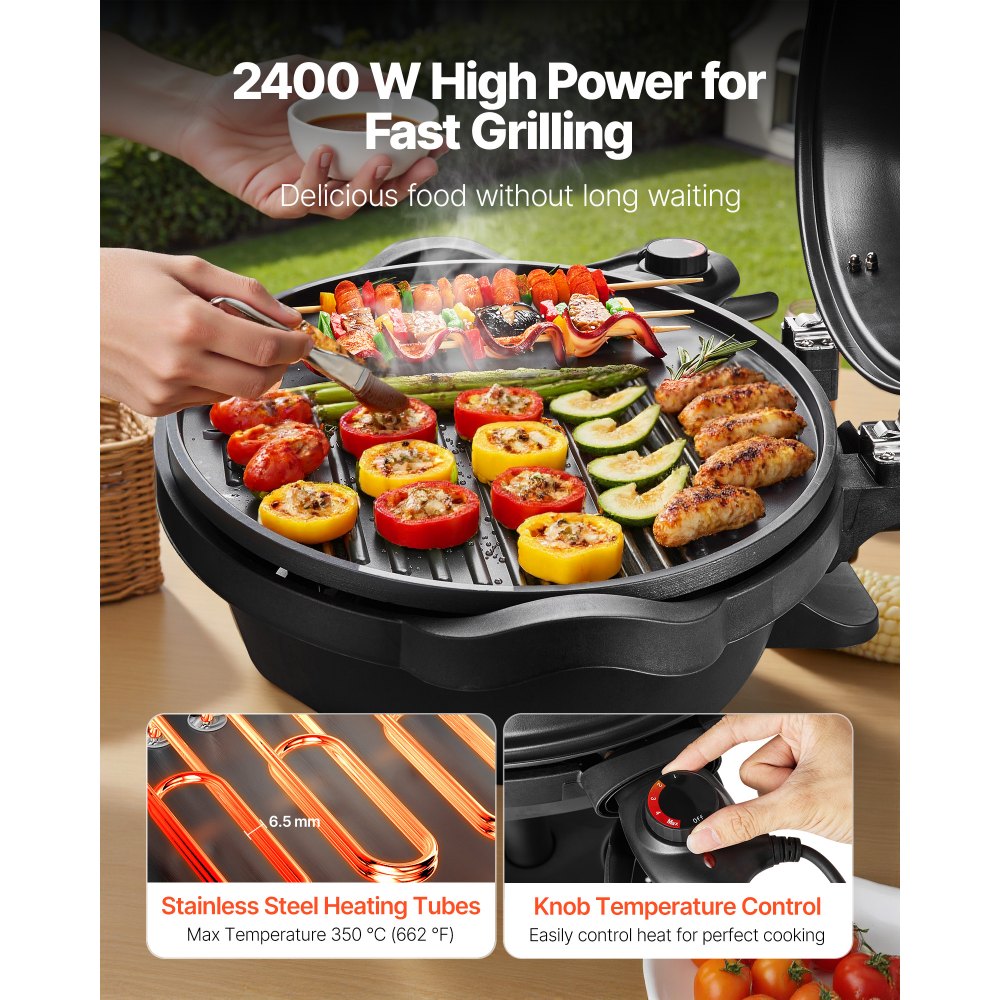 VEVOR elektrische grill 2400W, 2-in-1 staande grill/tafelgrill, feestgrill met instelbare temperatuur van 50°C tot 350°C en antiaanbaklaag van keramiek voor barbecues en tuinfeesten