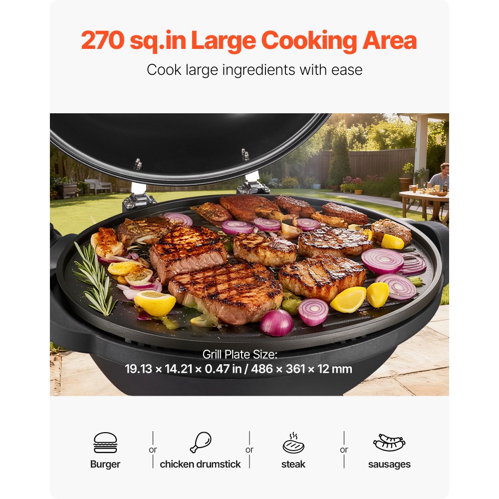 VEVOR elektrische grill 2400W, 2-in-1 staande grill/tafelgrill, feestgrill met instelbare temperatuur van 50°C tot 350°C en antiaanbaklaag van keramiek voor barbecues en tuinfeesten