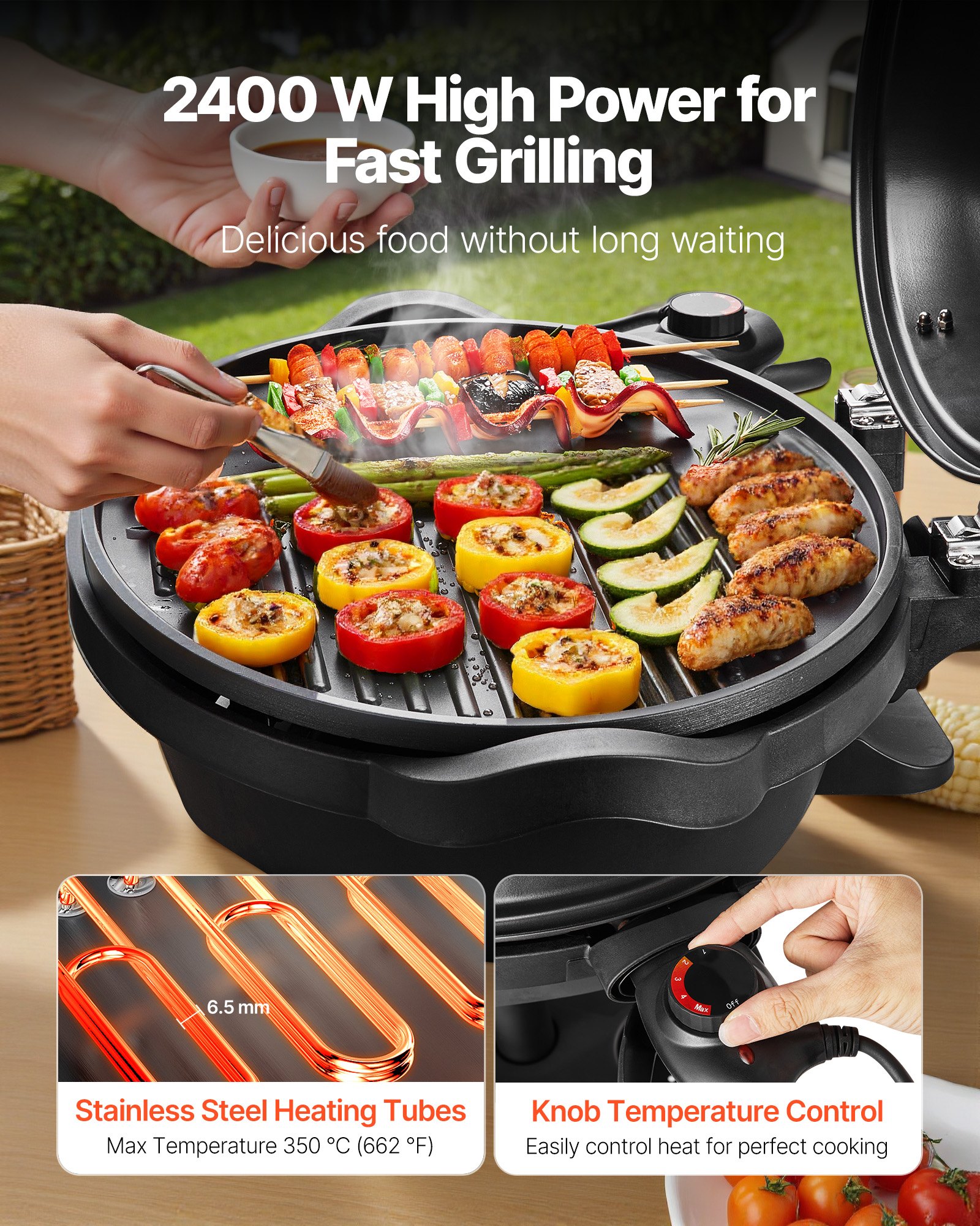 VEVOR elektrische grill 2400W, 2-in-1 staande grill/tafelgrill, feestgrill met instelbare temperatuur van 50°C tot 350°C en antiaanbaklaag van keramiek voor barbecues en tuinfeesten