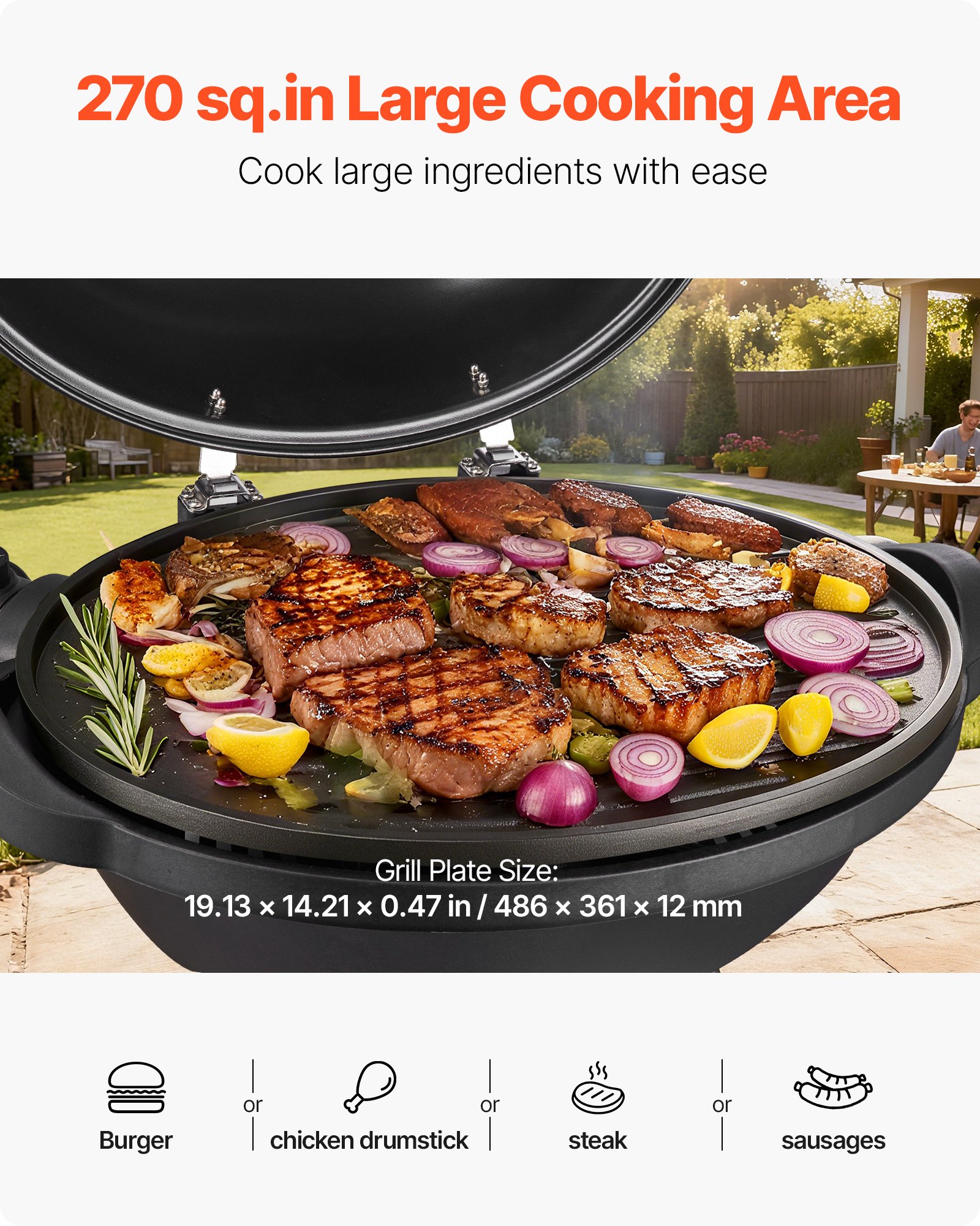 VEVOR elektrische grill 2400W, 2-in-1 staande grill/tafelgrill, feestgrill met instelbare temperatuur van 50°C tot 350°C en antiaanbaklaag van keramiek voor barbecues en tuinfeesten