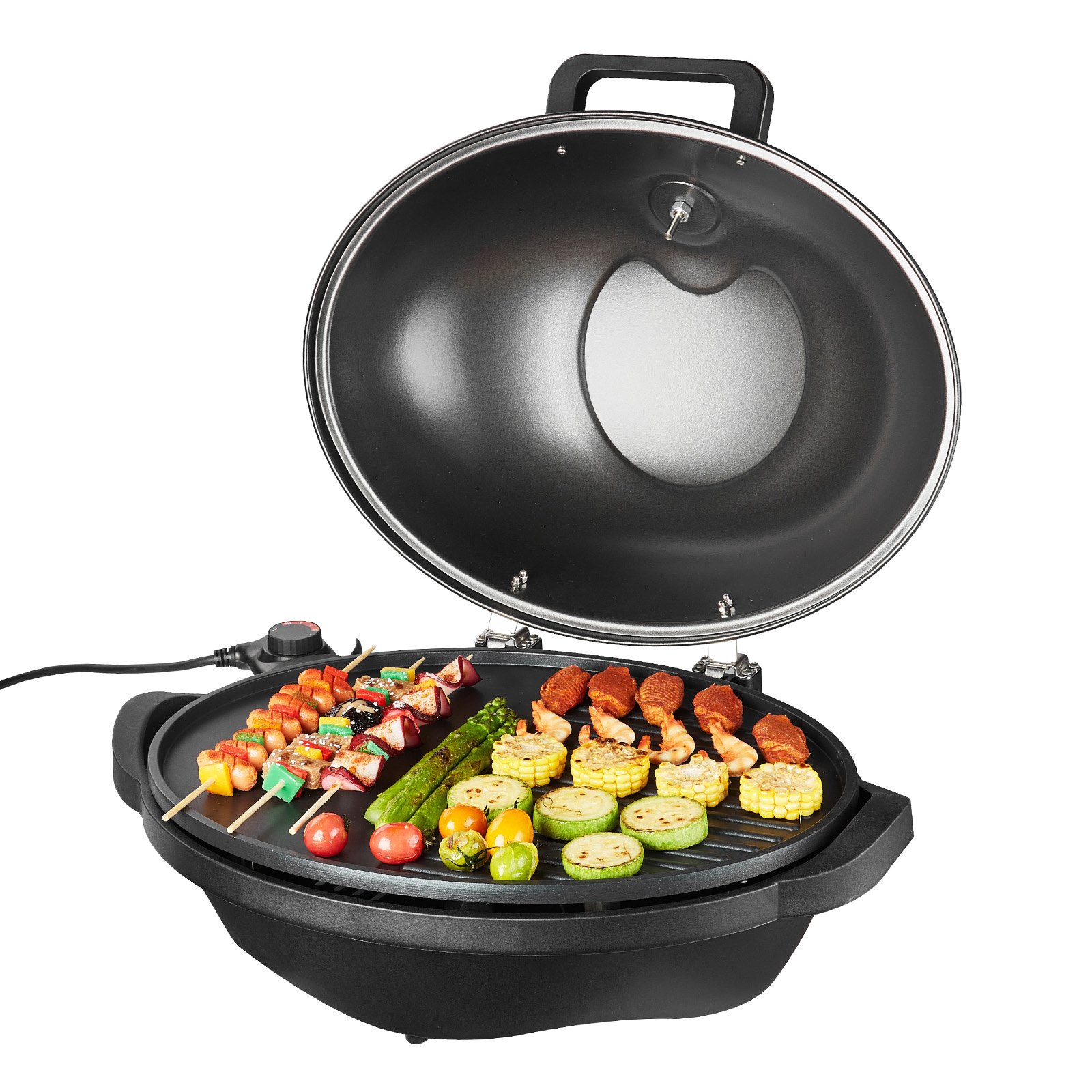 VEVOR elektrische grill 2400W, 2-in-1 staande grill/tafelgrill, feestgrill met instelbare temperatuur van 50°C tot 350°C en antiaanbaklaag van keramiek voor barbecues en tuinfeesten