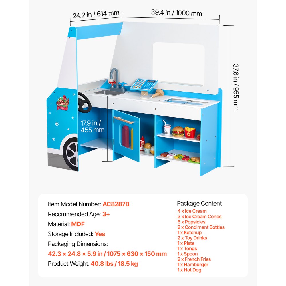 VEVOR IJscowagen voor kinderen, meer dan 20 accessoires, houten ijssalon met stuur en schoolbord, betaalautomaat en vriezer, kraan en gootsteen, geschikt voor kinderen van 3-7 jaar, blauw